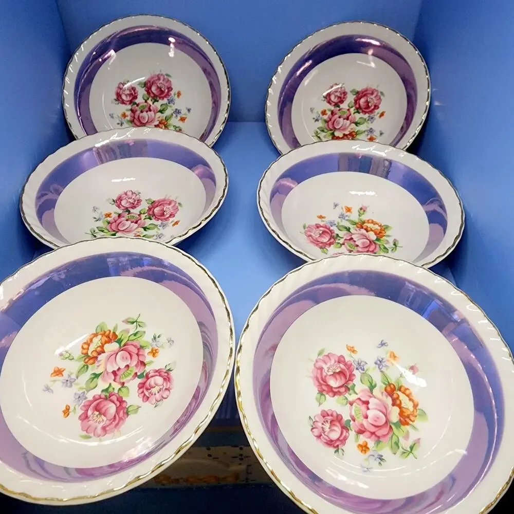 6 Westwood Luster Floral Bowls Gold Trim Purple Set 5 1/2